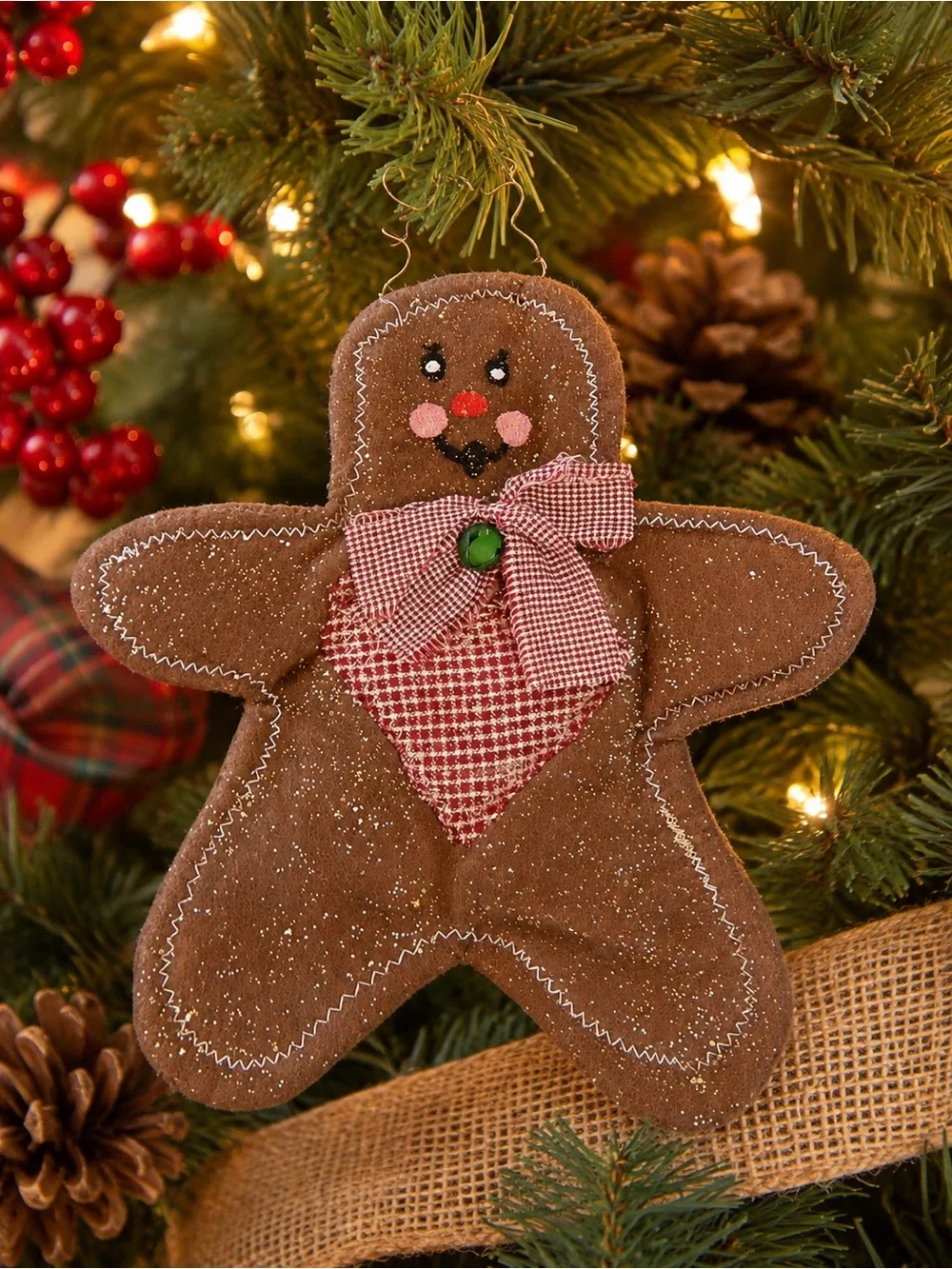 Vintage Handmade Brown Gingerbread Ornament with Red Gingham Bow